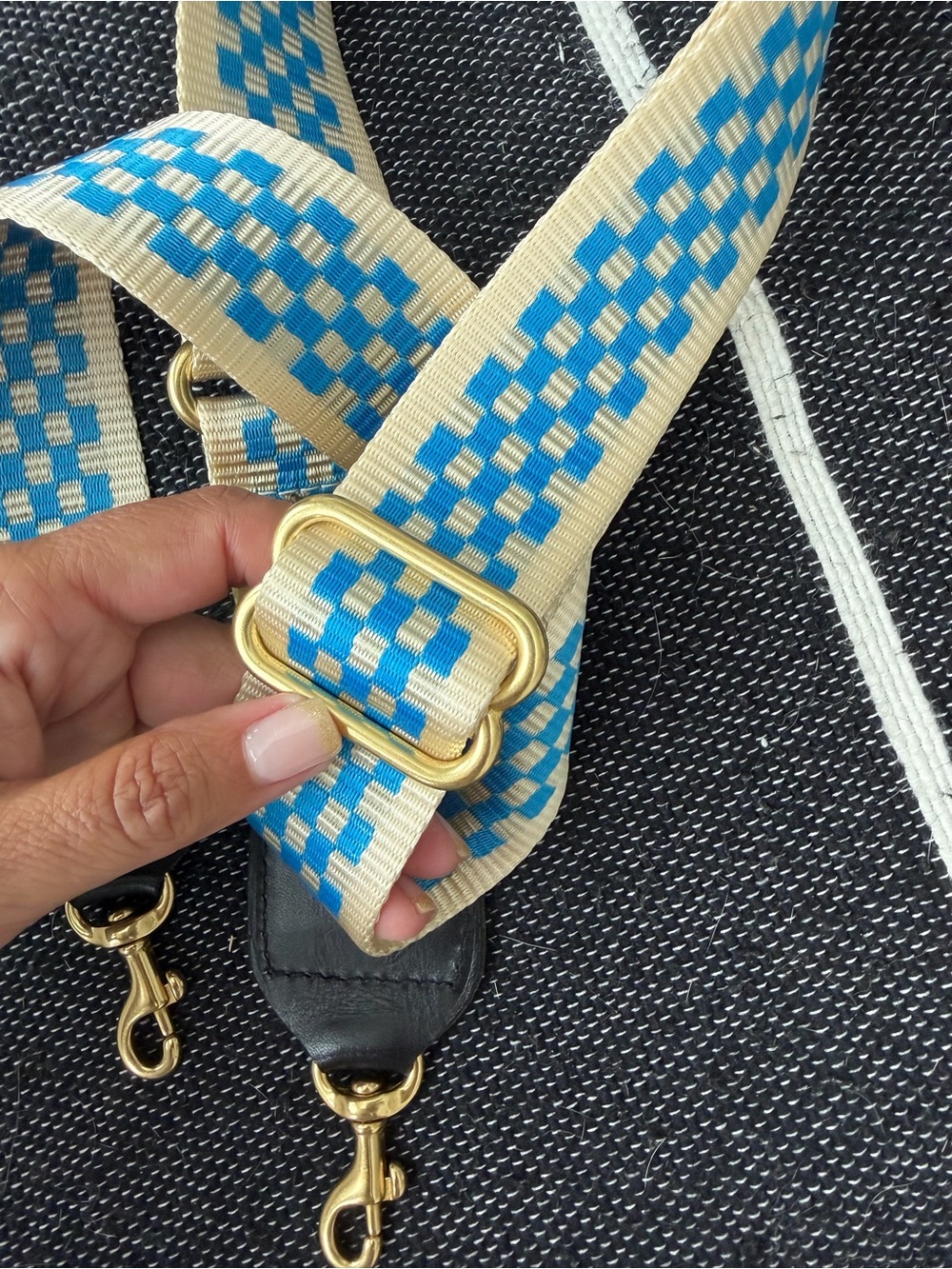Clare V Cream and Bright Blue Checkered Adjustable crossbody Purse Strap. NWOT - Picture 6 of 9